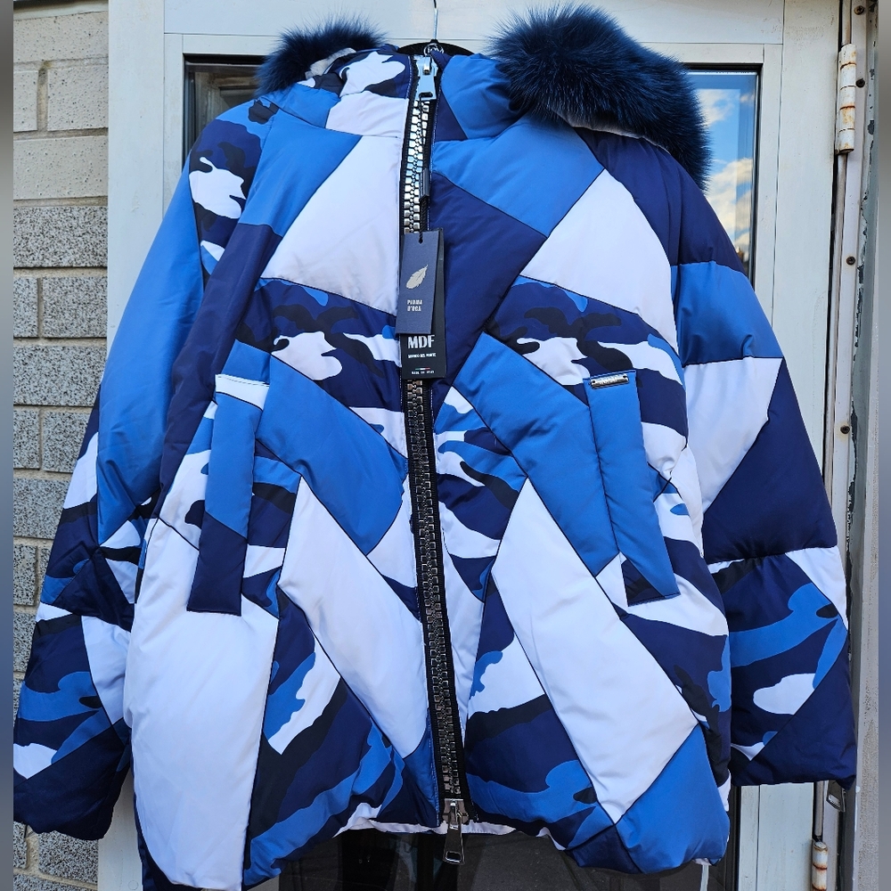 NWT Marco Del Forte Womens Winter Camo Blue Coat with Real Fur. Made in Italy - Picture 16 of 16